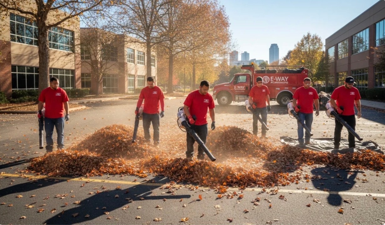 Leaf blower crew on commercial property